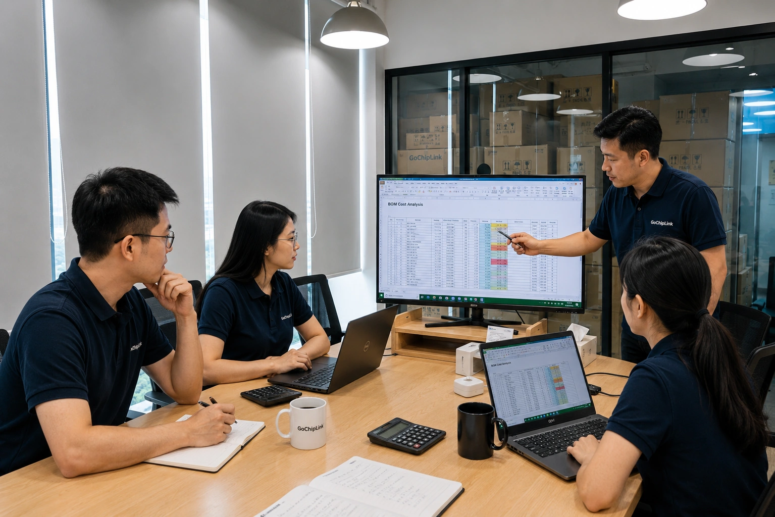 GoChipLink procurement team reviewing component cost analysis