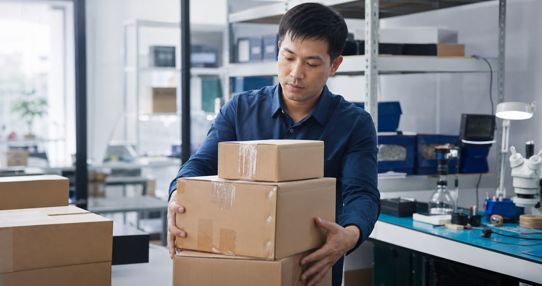 Electronics supply-chain specialist preparing component shipments