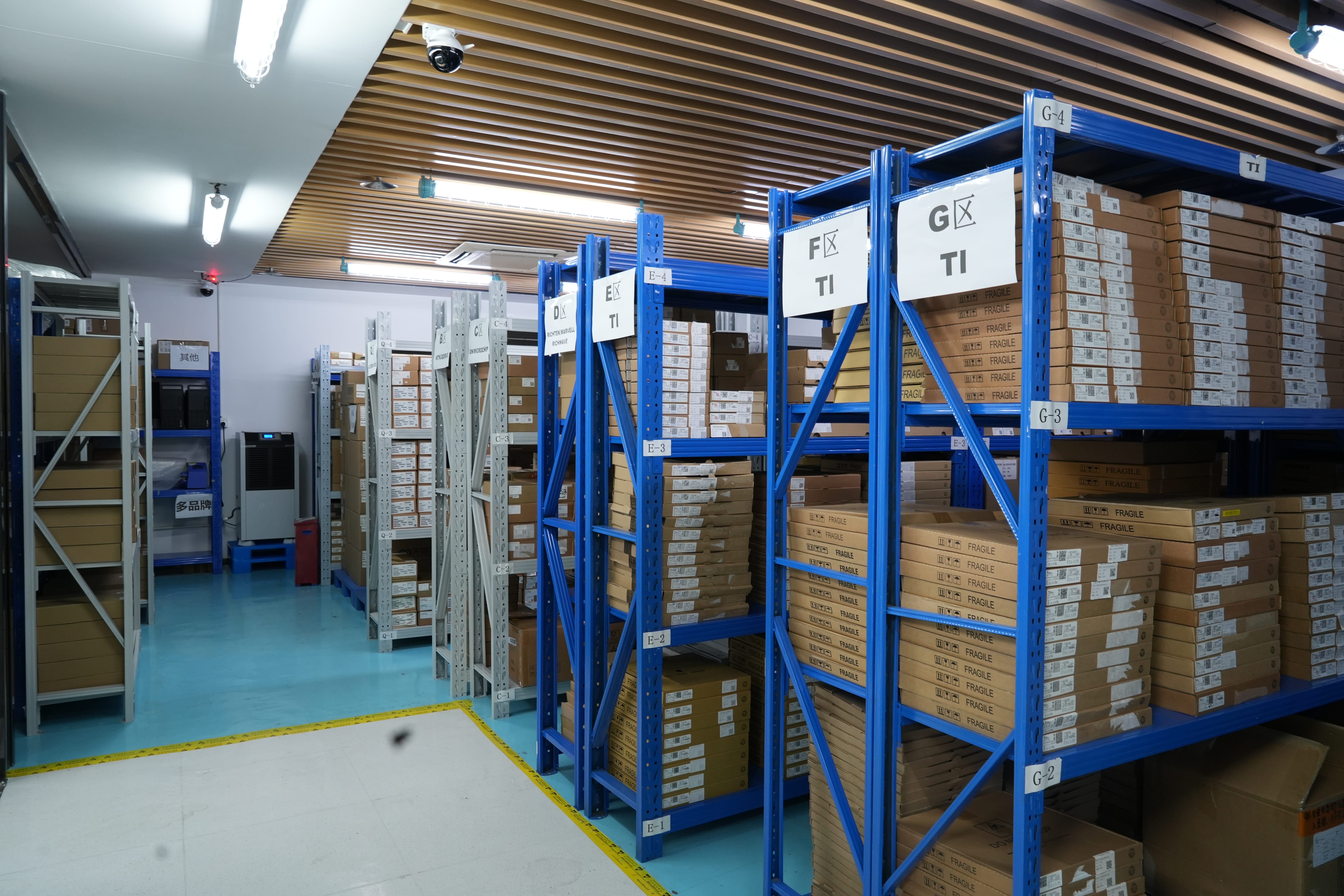 Approved electronic component inventory organized in the warehouse
