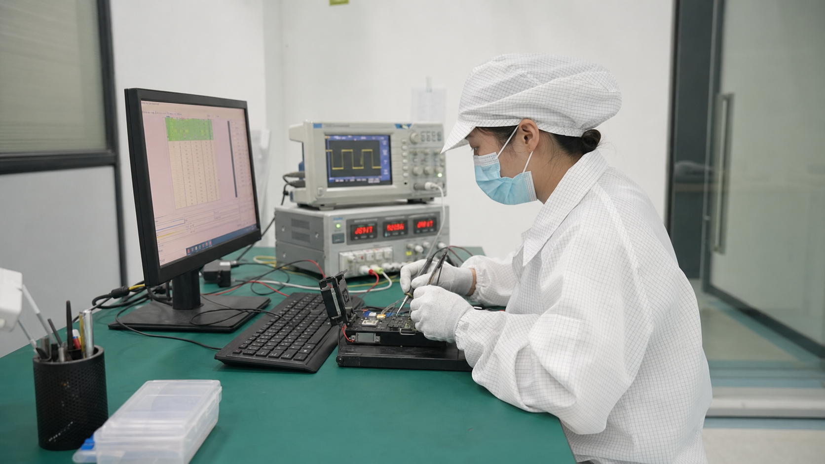 Quality laboratory technician performing electrical functionality testing on an electronic component